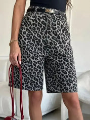 Leopard Print High-Waisted Denim Shorts | Shorts Daverri Fashions