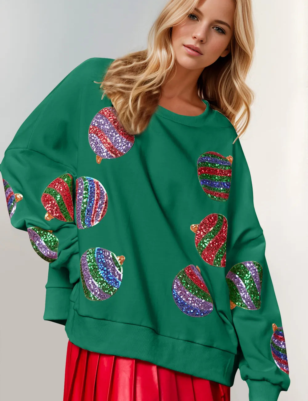 Dark Green Double Take Christmas Element Sequin Round Neck Long Sleeve Sweatshirt | Daverri Fashions