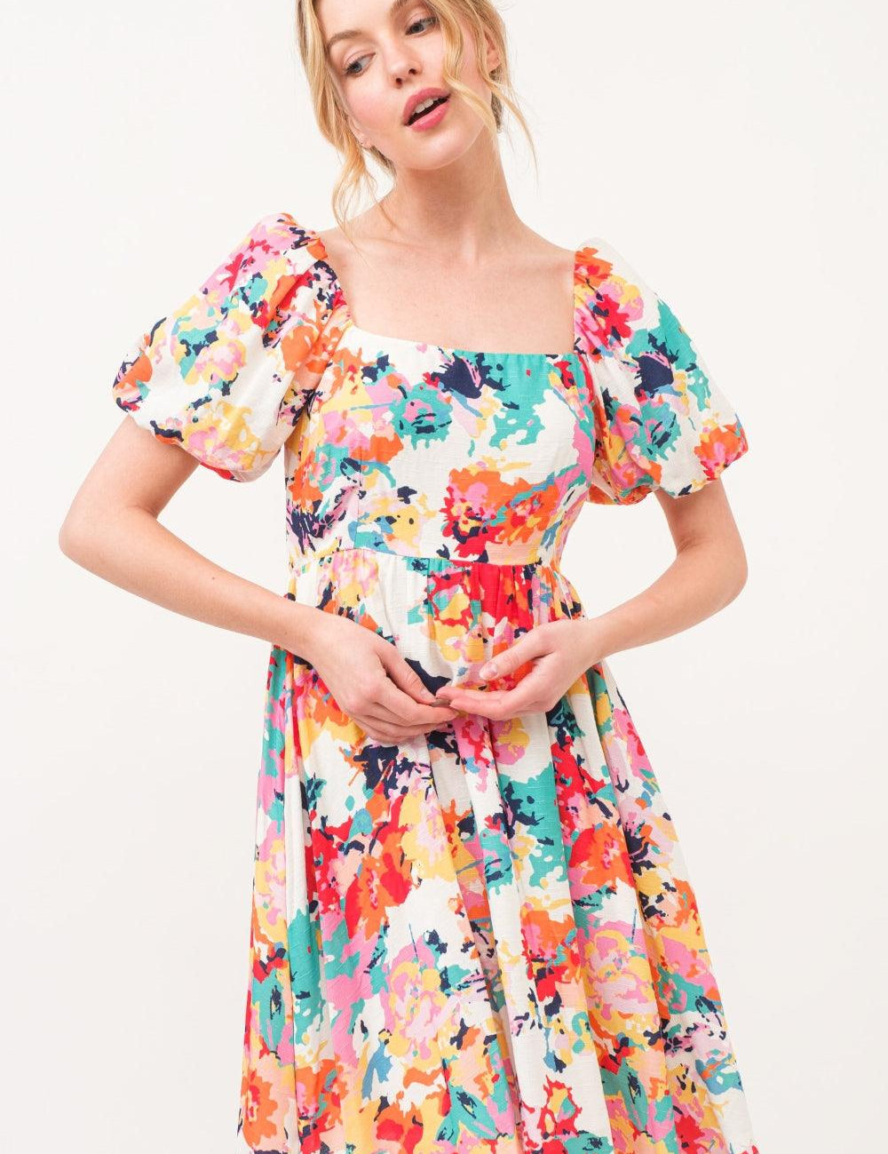 And The Why Square Neck Puff Sleeve Floral Dress | Knee Length Dresses Daverri Fashions