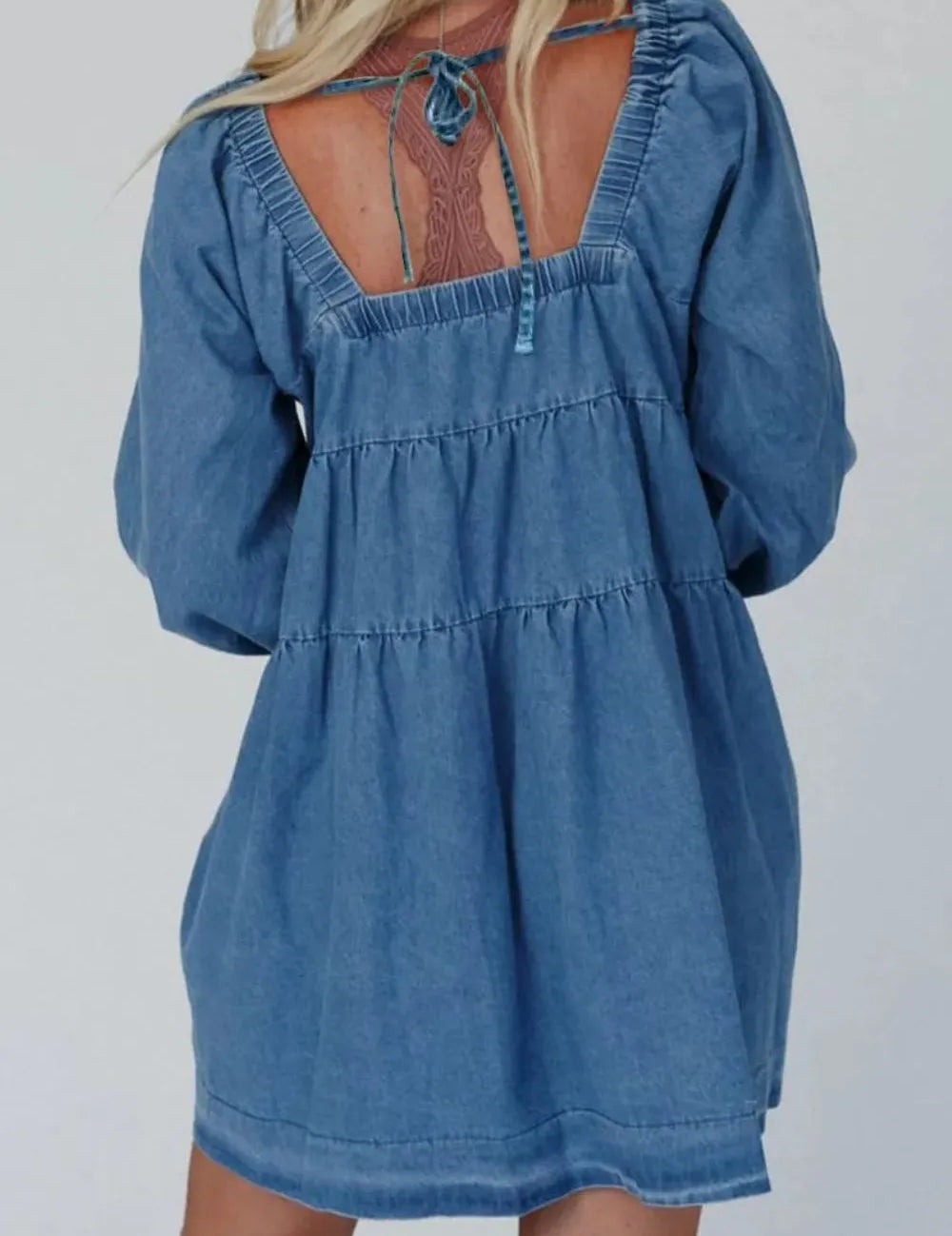 Tied Square Neck Long Sleeve Denim Dress with Pockets | Daverri Fashions