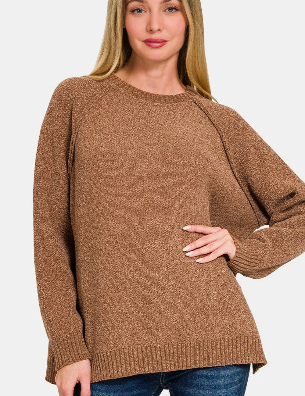 Deep Camel Zenana Side Slit Raglan Sleeve Sweater | Daverri Fashions