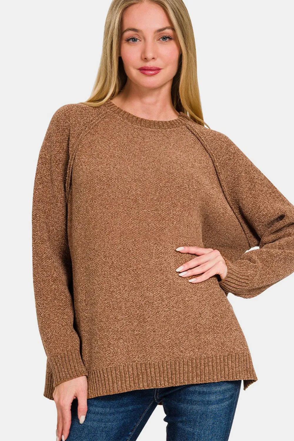 Deep Camel Zenana Side Slit Raglan Sleeve Sweater | Daverri Fashions