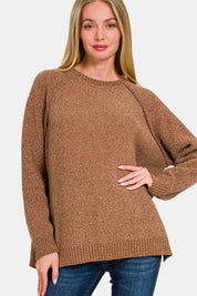 Deep Camel Zenana Side Slit Raglan Sleeve Sweater | Daverri Fashions