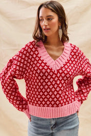 SO ME Color Block Textured Christmas Sweater V Neck Top | Sweaters Daverri Fashions