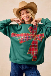 BiBi Plaid Ribbon Bow Detail Christmas Fleece Pullover | Sweatshirts Daverri Fashions