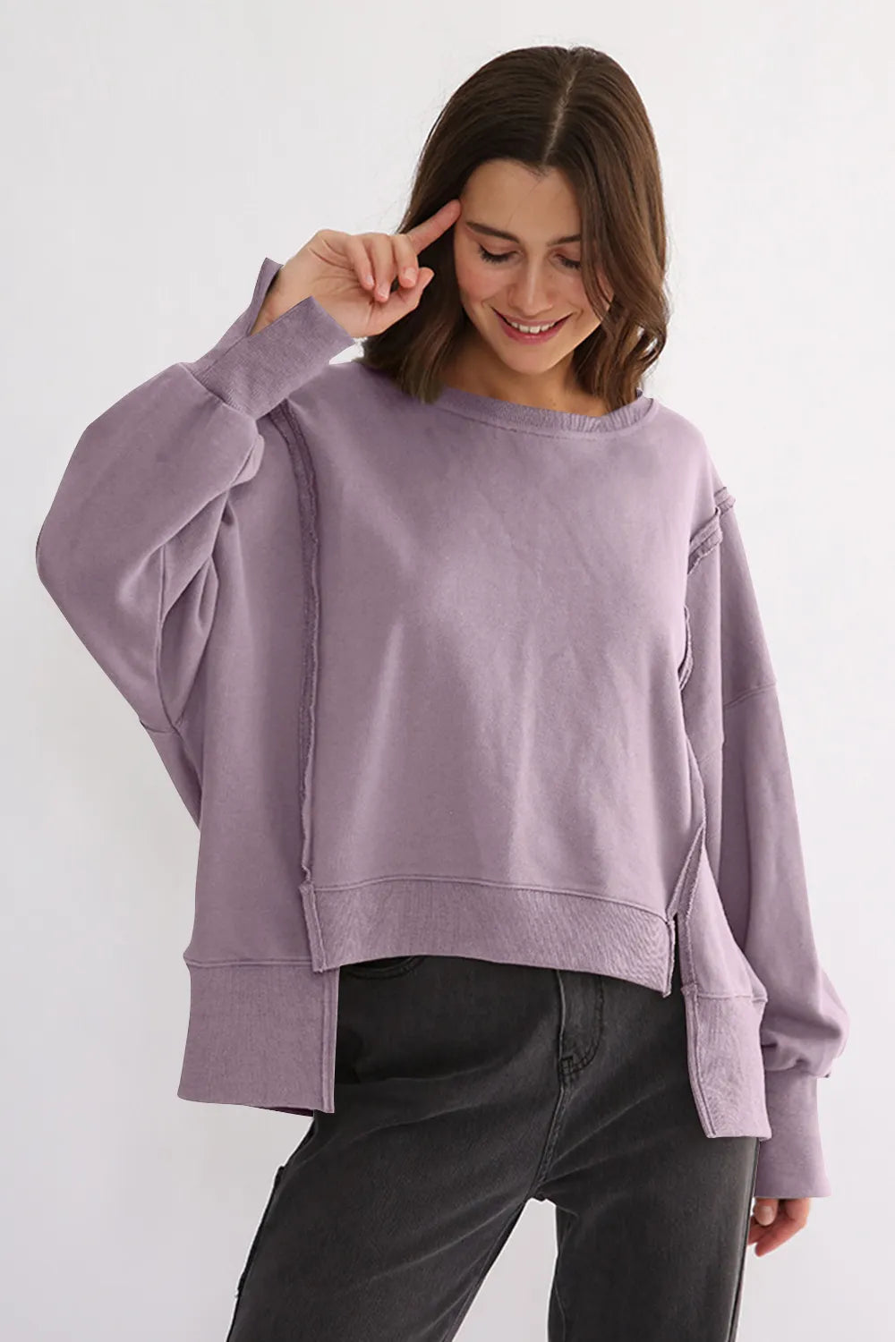 Exposed Seam High-Low Long Sleeve Sweatshirt | Daverri Fashions