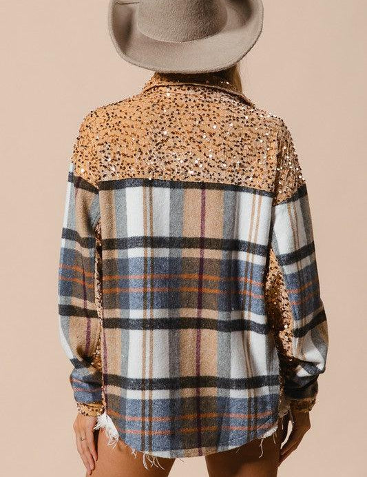 BiBi Curved Hem Sequin Plaid Button Up Shacket | Jackets Daverri Fashions