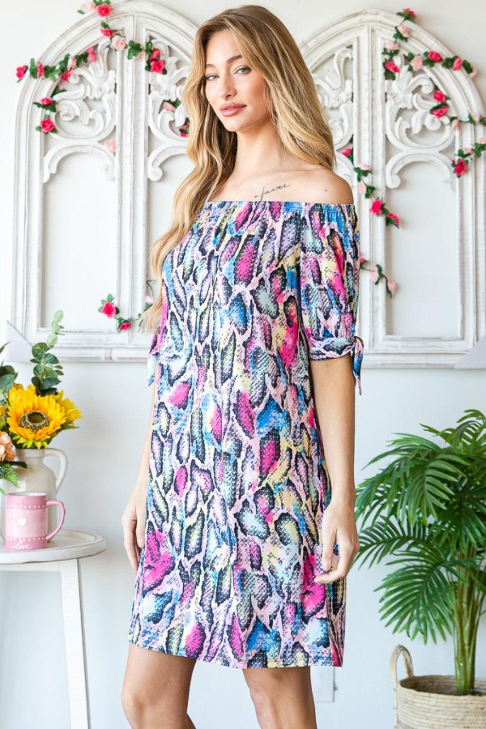 Heimish Full Size Off Shoulder Snake Mini Dress | Daverri Fashions