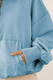 BiBi Stitch Detailed Elastic Hem Half Zip Fleece Hoodie Blue | Hoodies Daverri Fashions