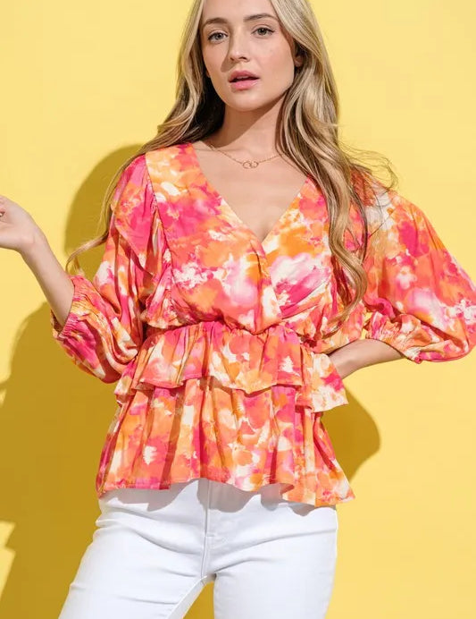 And The Why Ruffled Printed Puff Sleeve Blouse | Daverri Fashions