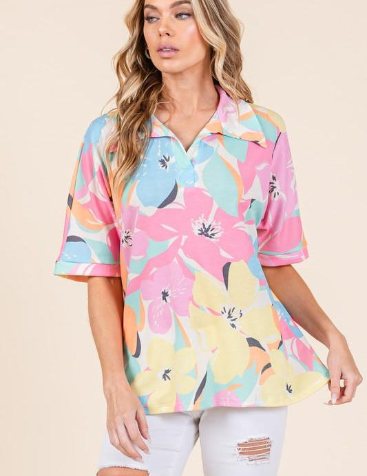 BOMBOM Floral Collared Neck Half Sleeve Top | Tops Daverri Fashions