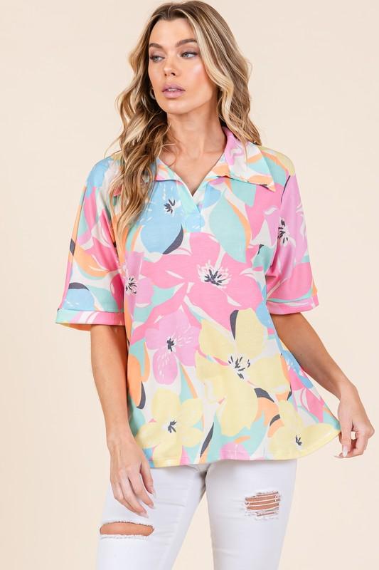BOMBOM Floral Collared Neck Half Sleeve Top | Tops Daverri Fashions