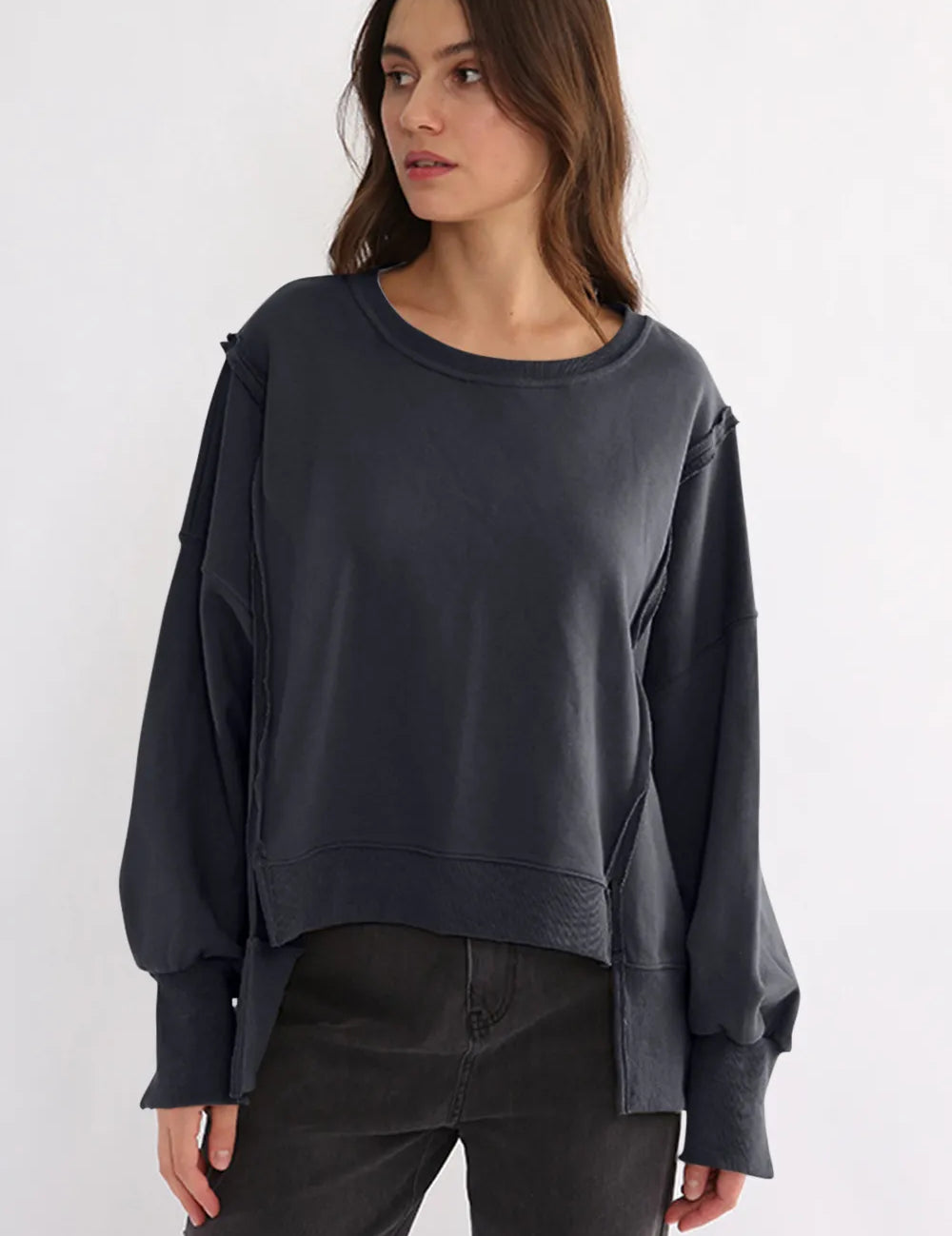 Exposed Seam High-Low Long Sleeve Sweatshirt | Daverri Fashions