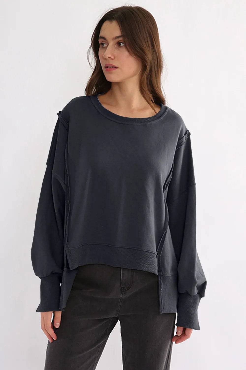 Exposed Seam High-Low Long Sleeve Sweatshirt | Daverri Fashions