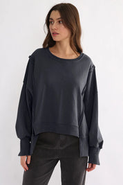 Exposed Seam High-Low Long Sleeve Sweatshirt | Daverri Fashions