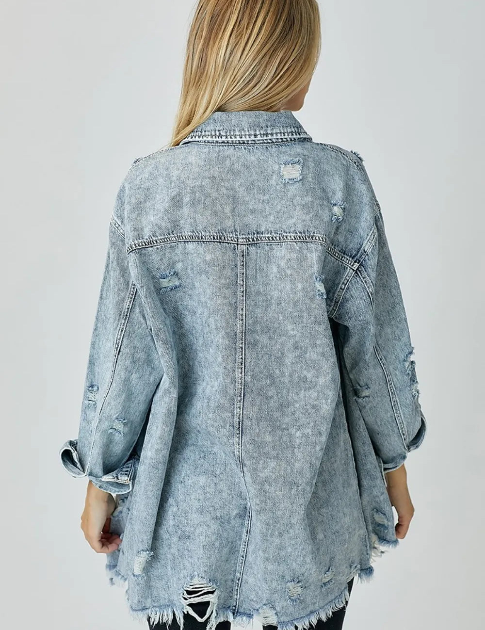 RISEN Distressed Raw Hem Denim Shirt | Shirts Daverri Fashions
