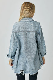 RISEN Distressed Raw Hem Denim Shirt | Shirts Daverri Fashions