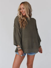 Army Green Round Neck Oversized Knit Top with Relaxed Fit | Tops Daverri Fashions