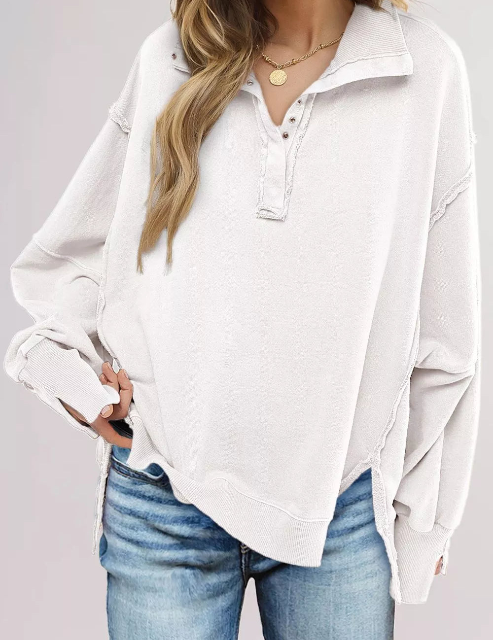 Buttoned Collared Raw Detail High Low Baggy Sweatshirt with Slits | Sweatshirts Daverri Fashions