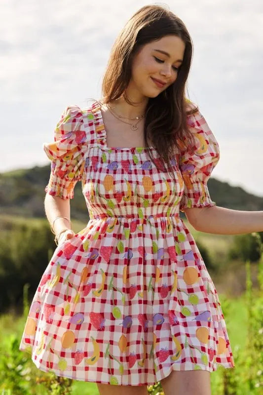 Pink Davi & Dani Fruits Printed Smocking Mini Dress | Daverri Fashions