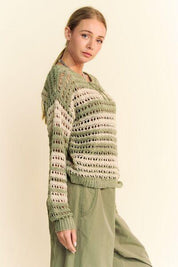 Davi & Dani Contrast Striped Crochet Drop Shoulder Knit Cover Up | Sweaters Daverri Fashions
