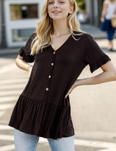 Black Heimish Full Size Ruffled V-Neck Short Sleeve Blouse Plus Size | Blouses Daverri Fashions