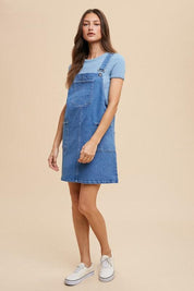 Annie Wear Wide Strap Denim Overall Dress with Pockets | Daverri Fashions