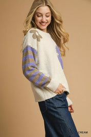 Umgee Flower Jacquard Striped Long Sleeve Sweater | Sweaters Daverri Fashions