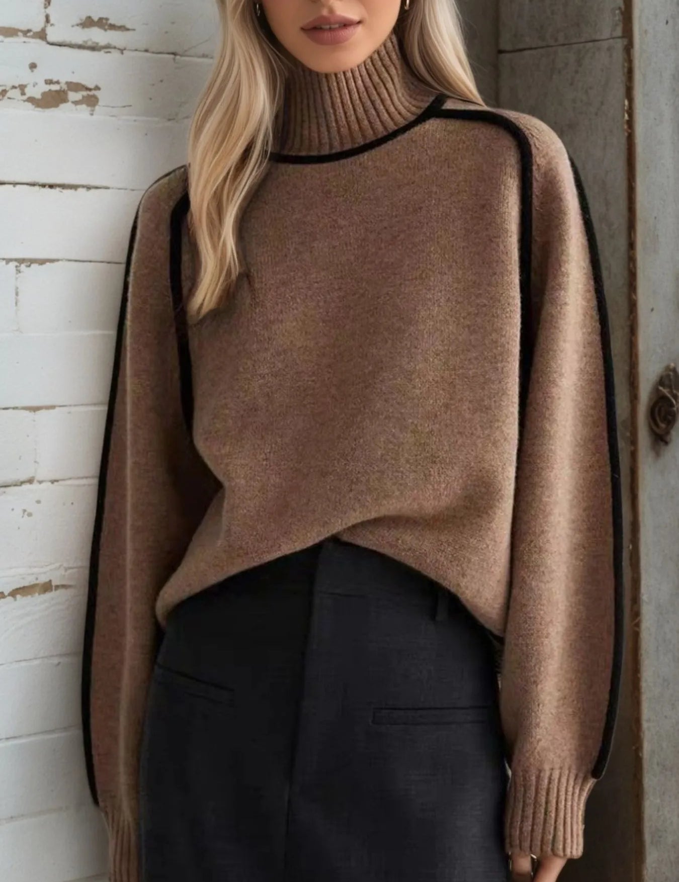 Brown Contrast Trim Turtleneck Sweater | Sweaters Daverri Fashions