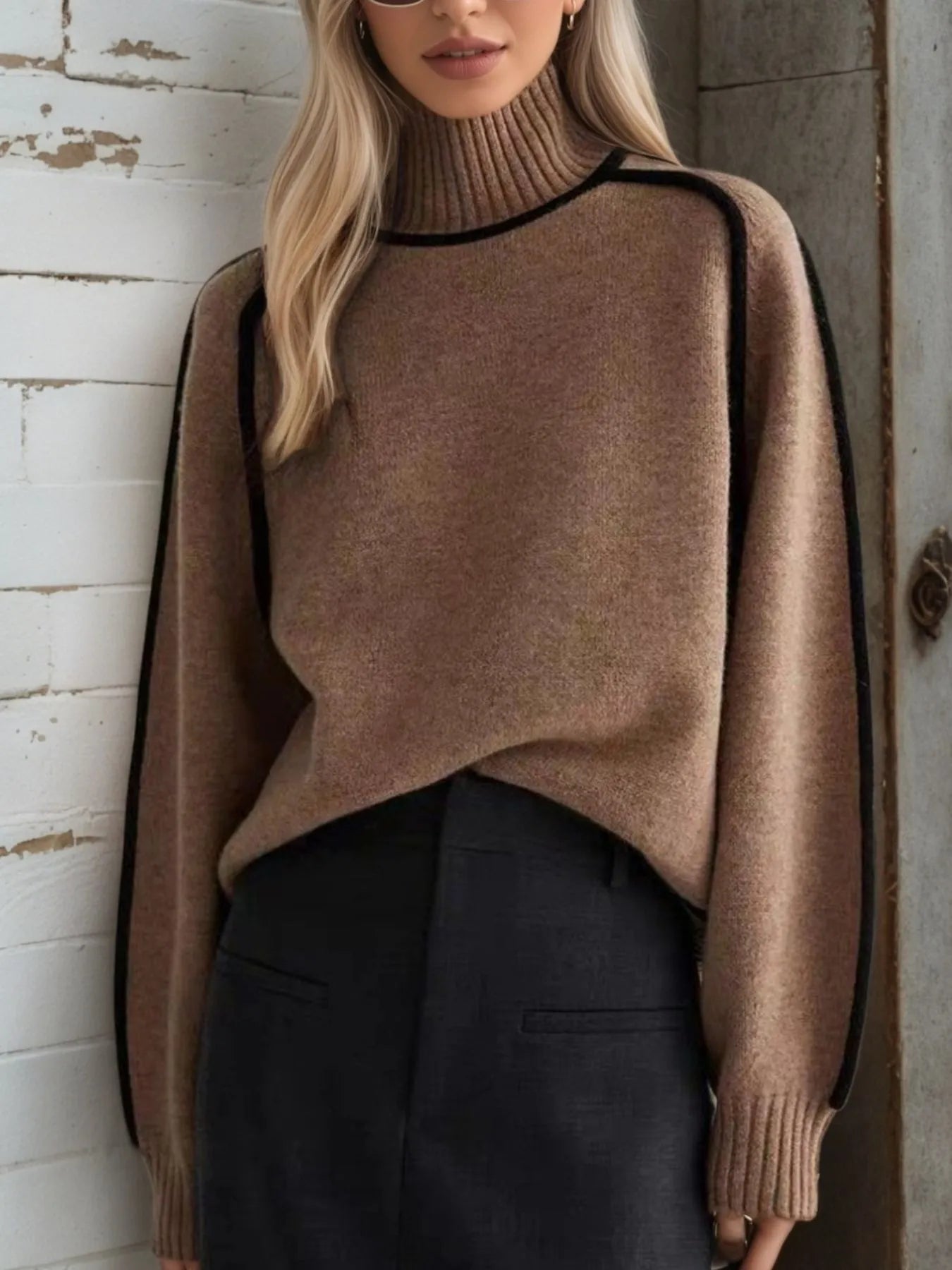 Brown Contrast Trim Turtleneck Sweater | Sweaters Daverri Fashions