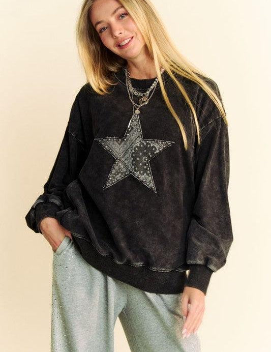 Black Davi & Dani Stud Star Patch Black Acid Washed Sweatshirt | Sweatshirts Daverri Fashions