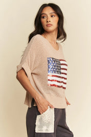 Davi & Dani Sequin American Flag Patch Short Sleeve Knit Top | Tops Daverri Fashions