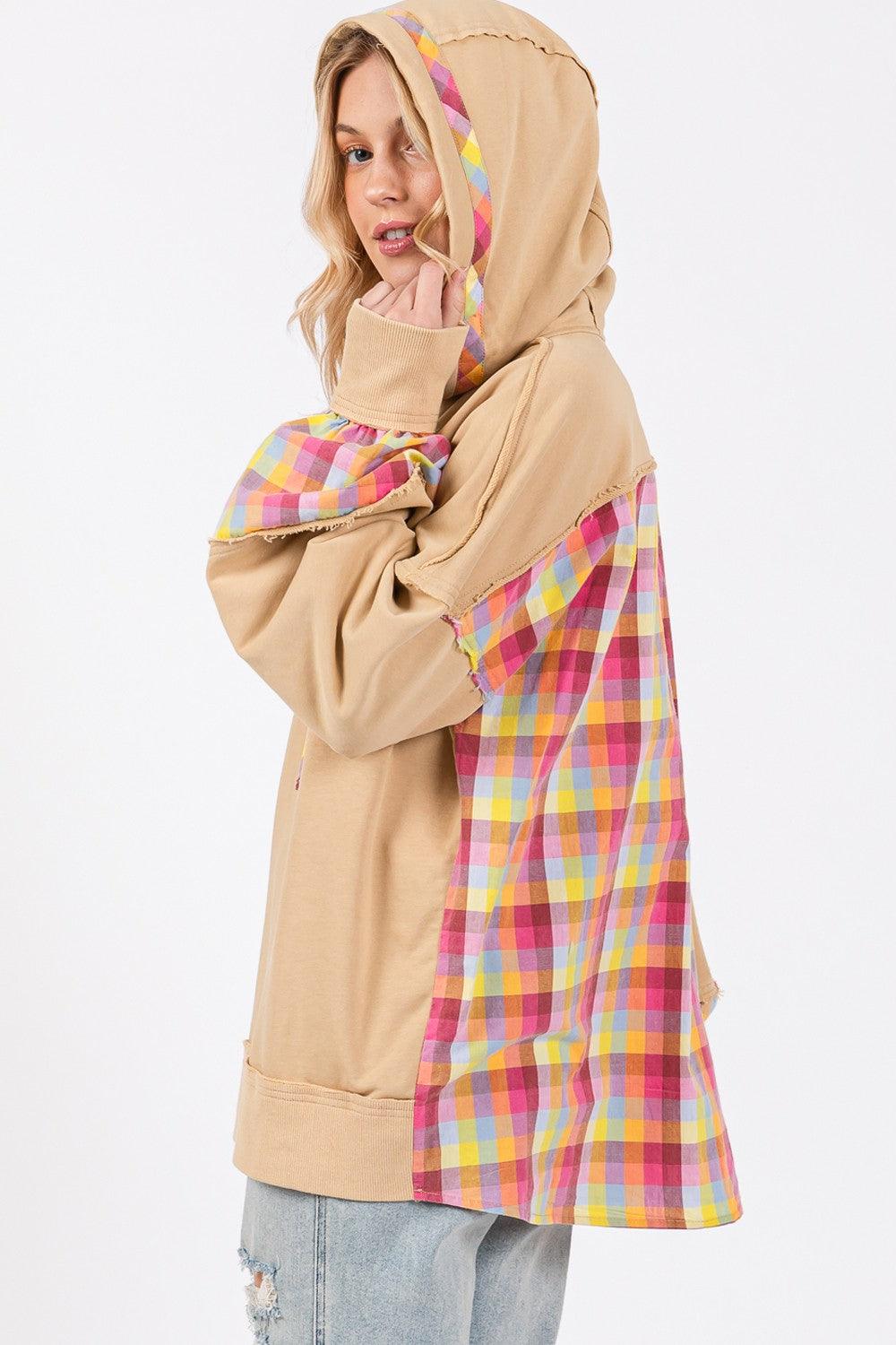 SAGE + FIG Full Size Plaid Print Washed Hoodie Plus Size | Hoodies Daverri Fashions