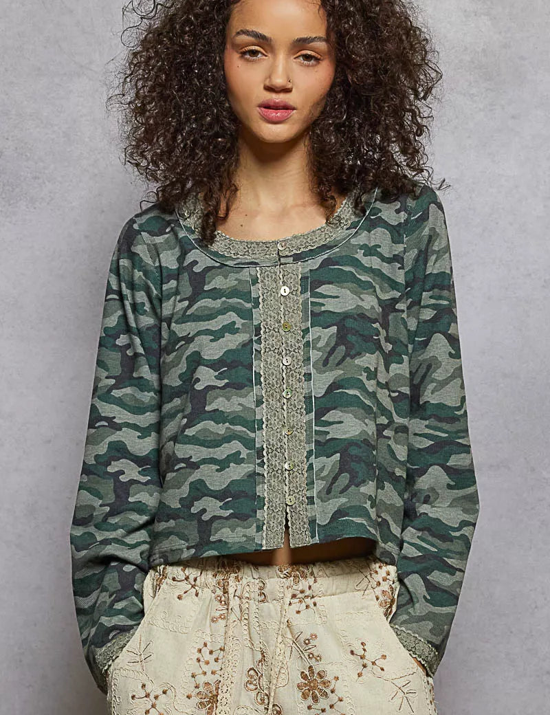 POL Camouflage Print Long Sleeve Top | Blouses Daverri Fashions