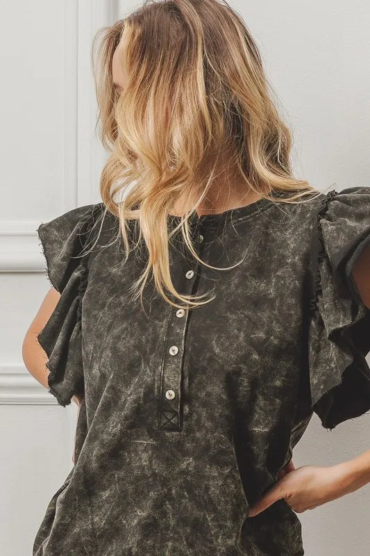 BiBi Mineral Washed Terry Top Charcoal Black | Tops Daverri Fashions