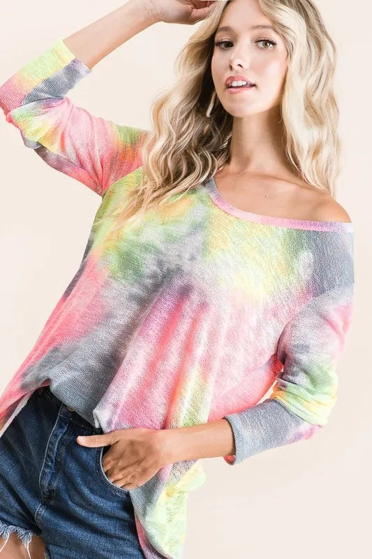 BiBi Tie Dye Print Low Gauge Knit Top | Knit Tops Daverri Fashions