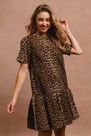 BiBi Tie Back Leopard Round Neck Short Sleeve Dress | Daverri Fashions