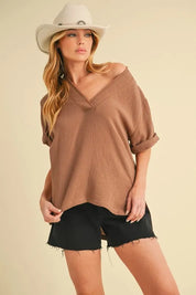 Caramel Aemi + Co Side Slit V-Neck Short Sleeve Blouse | Daverri Fashions
