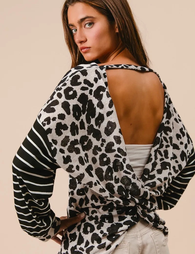BiBi Leopard Hacci Knit Twist Back Top With Stripe Sleeve | Tops Daverri Fashions