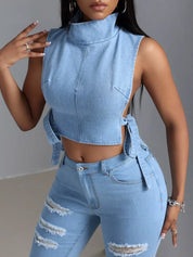 Blue Sleeveless Cropped Denim Turtleneck Top with Side Tie Details | Tops Daverri Fashions