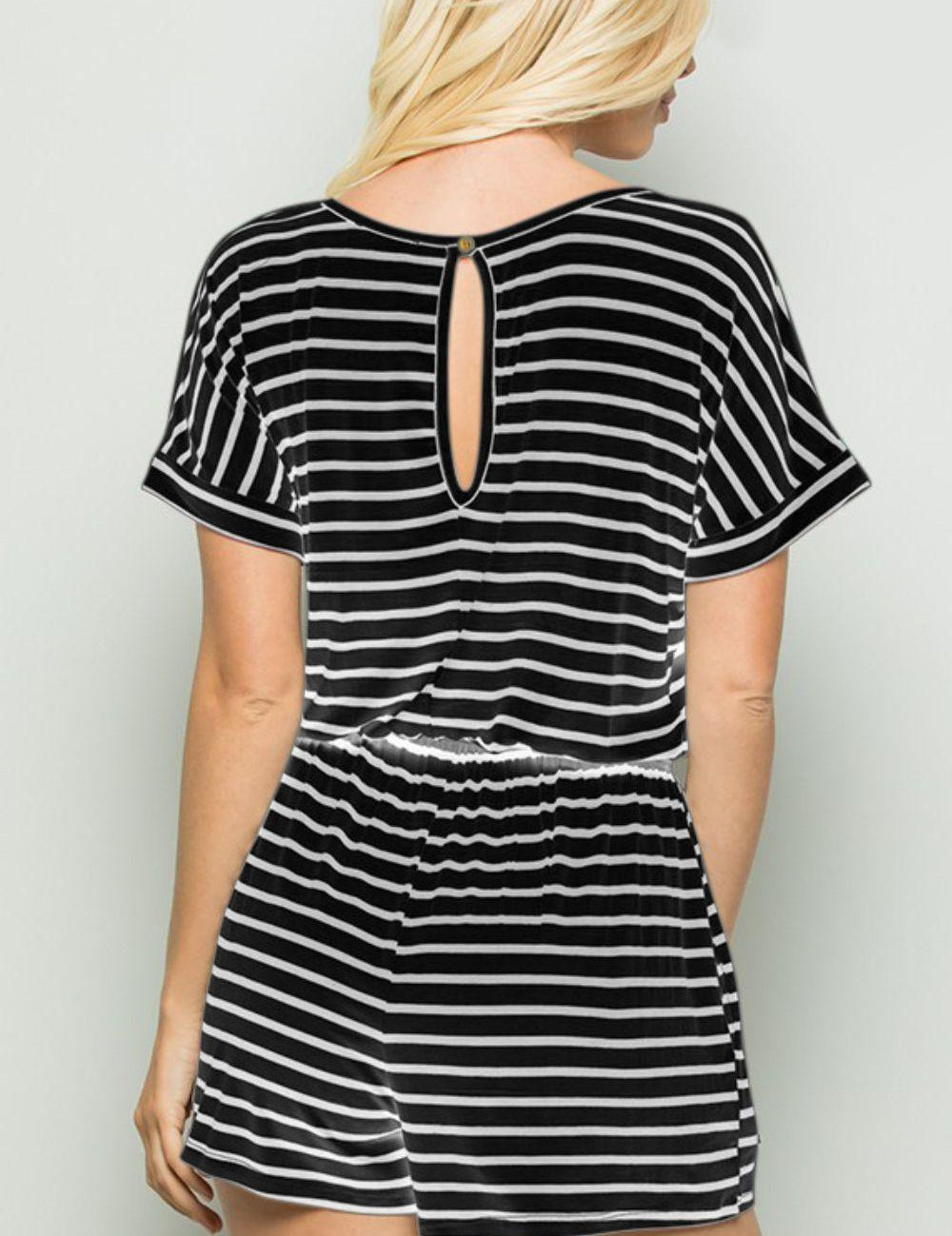 Heimish Full Size Striped Round Neck Short Sleeve Romper | Rompers Daverri Fashions