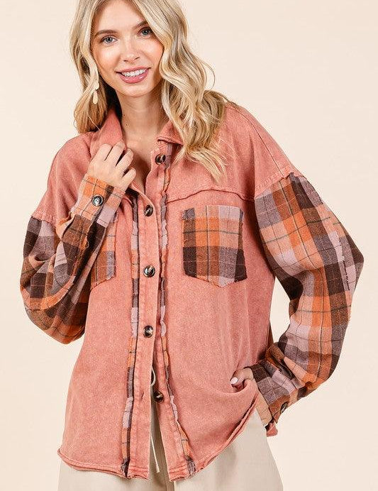 Terracotta Mittoshop Button Down Contrast Plaid Patchwork Shacket | Daverri Fashions