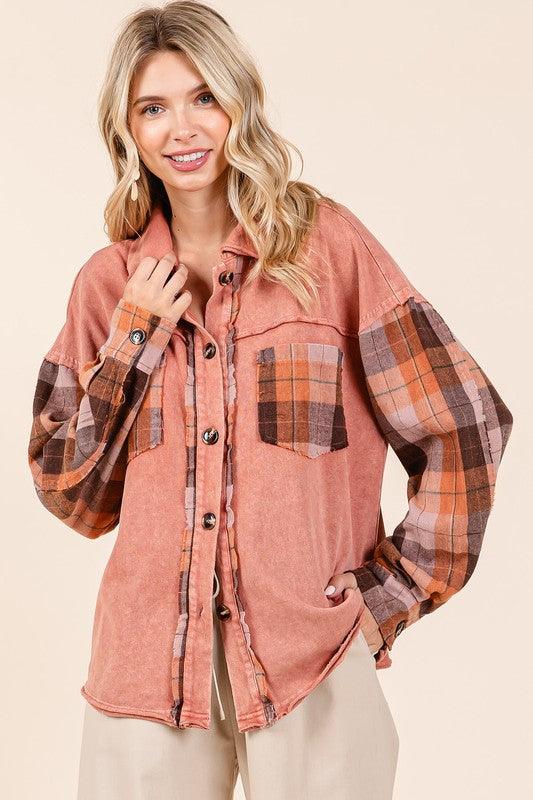 Terracotta Mittoshop Button Down Contrast Plaid Patchwork Shacket | Daverri Fashions