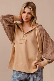 BiBi Half Zip French Terry Hoodie with Kint Sleeves | Hoodies Daverri Fashions