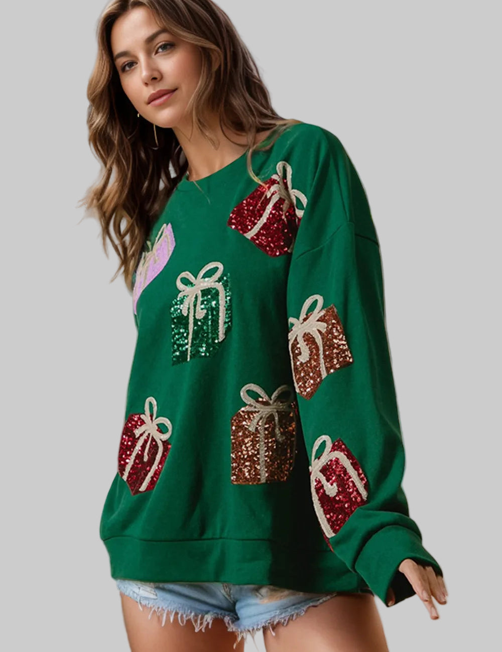 Sequin Gift Box Long Sleeve Sweatshirt | Sweatshirts Daverri Fashions