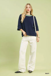 Umgee Ribbed Knit Top with Contrast Trim | Knit Tops Daverri Fashions