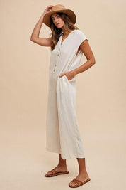 Annie Wear Button Detail Wide Leg Jumpsuit with Pockets | Daverri Fashions