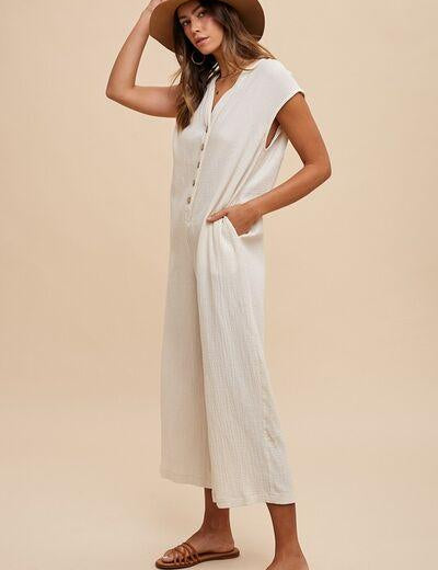Annie Wear Button Detail Wide Leg Jumpsuit with Pockets | Daverri Fashions