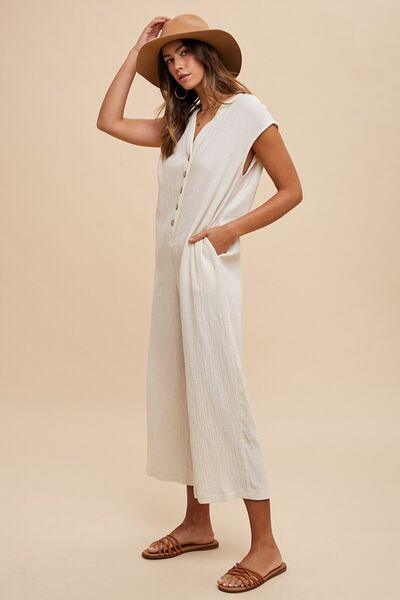 Annie Wear Button Detail Wide Leg Jumpsuit with Pockets | Daverri Fashions
