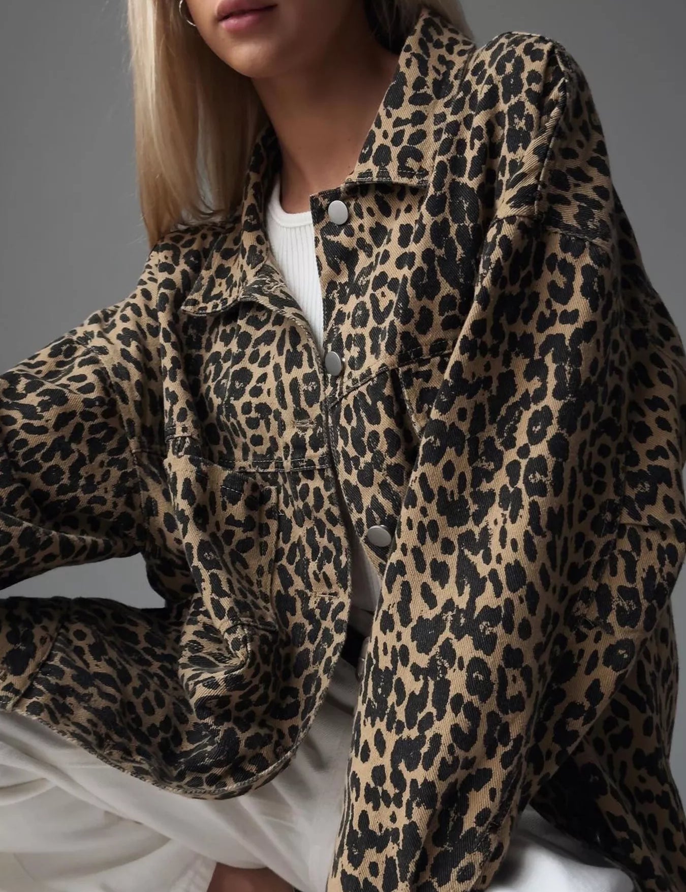 Leopard Leopard Button Up Long Sleeve Denim Jacket | Denim Jackets Daverri Fashions